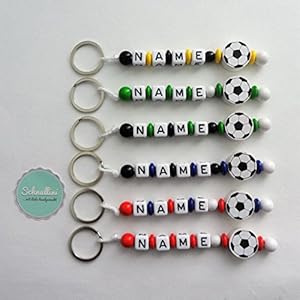 Schlüsselanhänger mit Namen Gravur Motivperle Fußball Schultasche Rucksack Kindergartentasche Schlüsselring Vereinsfarben | Junge Mädchen Namenskette
