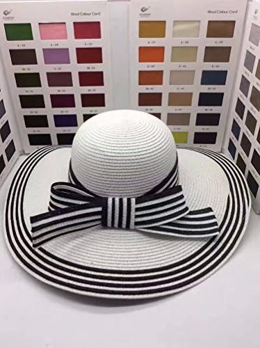European Style Black And White Striped Bow Summer Resort Hat Lady Eaves Beach Sunshade Hat,White
