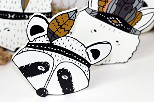 Wanddekoration in 3D für das Kinderzimmer – *** NEUHEIT*** 4er-Set mit 3D-Effekt -Süße schwarz-weiße Indianer Tierköpfe in TOP Qualität auf 10mm starken Platten – MADE IN GERMANY - 8