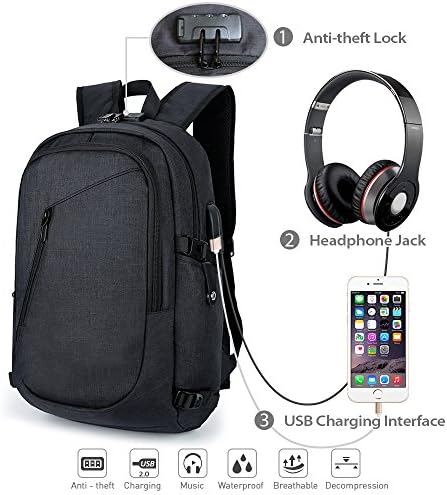 Laptop Backpack Business Travel Bag with USB Charging Port, Headphone and Lock Compartment, Water Resistant Computer Daypack Fits Up to 15.6 Inch Laptop, Black