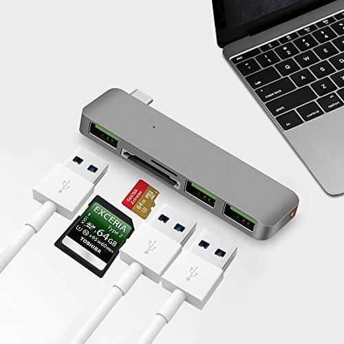 5 in 1 Typ C Combo Hub, Cymall MacBook USB Hub, USB-C zum Micro USB Adapter, Daten Synchronisierung, Universal Type C Hub mit 2 Kartenlesern und 3 USB 3.0 Port Adapter für MacBook 12 Zoll, ChromeBook Pixel, Nexus 5X, Nexus 6P, alle Typ C Kabel unterstützte Gerät(Grau) - 2