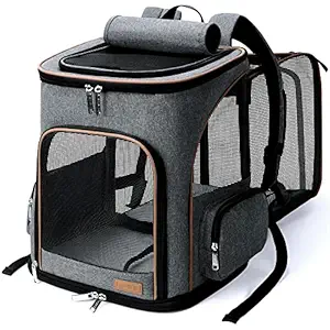 Lekereise Cat Backpack Expandable Pet Carrier Backpack for Small Cats and Dogs, Airline-Approved Foldable Dog Carrier Backpack with Inner Safety Leash for Travel, Hiking, Outdoor Use, Grey
