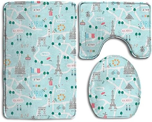 RedBeans Eiffel Tower Stella Bath Mat Bathroom Carpet Rug Washable Non-Slip 3 Piece Bathroom Mat Set