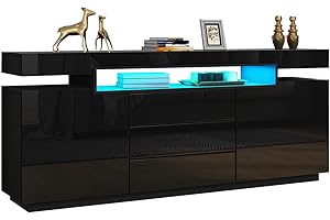 BESTWANTED Sideboard High Gloss LED Sideboard Cabinet with 2 Doors and 3 Drawers Modern Living Room Bedroom Furniture 160 x 72 x 35 cm (Black)