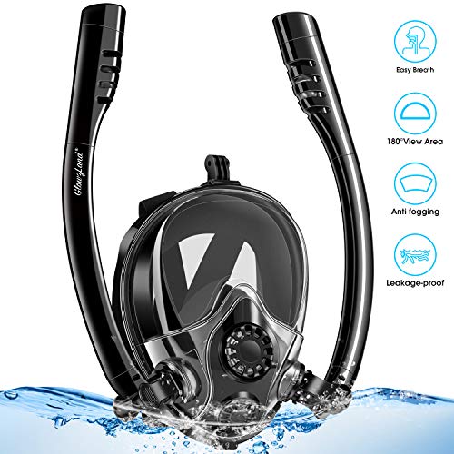 GlowsLand Máscara de Snorkel Mascara de Snorkeling 180° Vista Panorámica, Diseño de Doble Tubo, Respirar Facilmente, Anti-empañante Anti-Fugas con Soporte para Cámara Deportiva para Adultos 2019