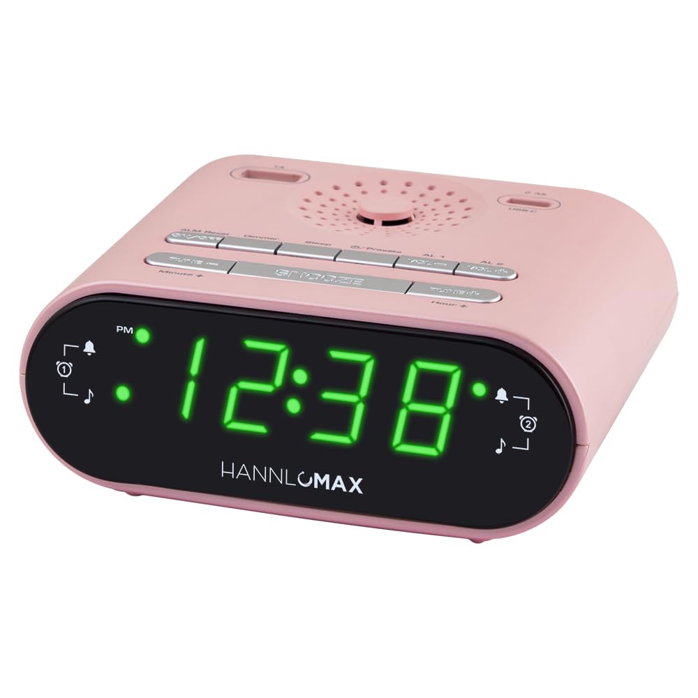 HANNLOMAX HX-158CR Alarm Clock Radio, FM Radio, 0.7" LED Display, 1 USB Port for 1A Charging & 1 USB Port for 2.4A Type-C Charging, AC Operation only (Pink)