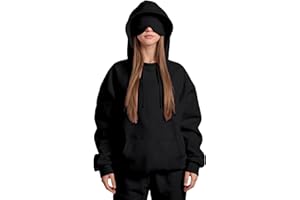 SLXBEAR Travel Hoodie with Eye Mask Built-in Oversized Airplane Hoodie Long Sleeve Sweatshirt Pullover Solid Color Comfort Hoodies for Women Uk Autumn Winter Thermal Tops Streetwear Casual Fashion