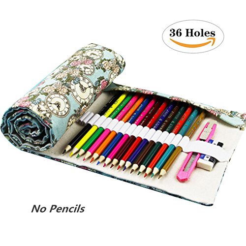 Preisvergleich Produktbild Meifyomng Multifunktional Federmäppchen Faltbare Aufbewahrungstasche Canvas Farbstifte Rollen Tasche für 36 / 48 / 72 Löcher Buntstifte und Bleistifte Keine Stifte (Small-36)