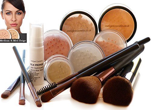 MEDIUM SKIN Mineral Makeup Foundation 14 Piece COMPLETE SET Pure Natural Minerals With Organic Silk Primer, Full Cover by Intelligent Cosmetics®