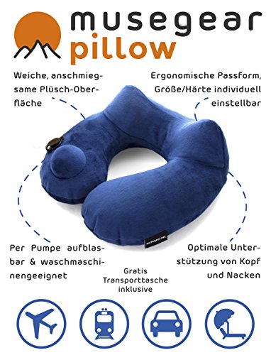 musegear® Reise Nackenkissen aufblasbar deluxe | Superweiches Fleece mit hygienischer Pumpen-Technologie | für ruhigen Schlaf unterwegs in Flugzeug, Auto | Reisekissen waschbar, klein & leicht - 4
