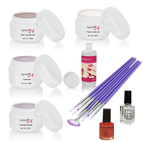Nagelstudio Starterset UV Gel Set Refill/Auffüllset Bestseller Haftgel Aufbaugel French White Gel Versiegelungsgel Made in Germany mit Pinselset Primer Nagelöl und Nagelcleaner