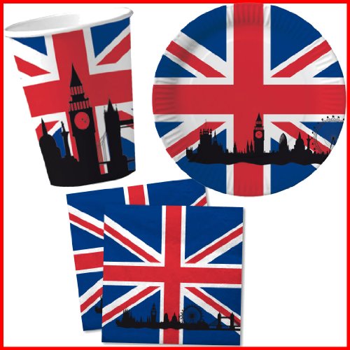 40 tlg. Set Pappteller + Servietten + Pappbecher GROSSBRITANNIEN & UNION JACK // Teller Becher Essen Pappe Geschirr Party Deko Dekoration Einweg UK GB England London Big Ben
