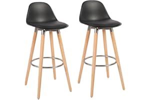 Box and beyond - Lot de 2 Tabourets de Bar - Hauteur 91 cm - Bois, Métal et Plastique Noir - Repose-Pieds - Cuisine, Salon, Salle à Manger, Ilot de Cuisine, Bar - Style Moderne et Contemporain