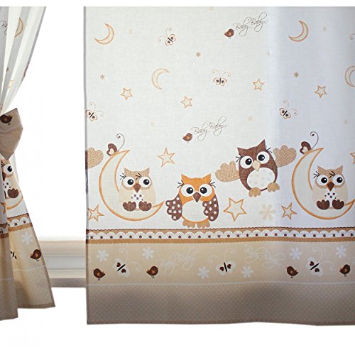 2er Set Gardinen Kinderzimmer Vorhänge mit Schlaufen und Schleifen 155×95 cm Dekoschal Schlaufenschal , Farbe: Eulen Beige, Größe: ca. 155×95 cm - 2