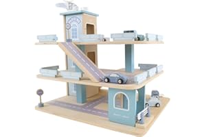 Bandits & Angels Holzspielzeuggarage Bandits Parkerlebnis mit 3 Etagen und Aufzug – inklusive 4 Autos – Spielzeugautogarage aus Holz, Blau