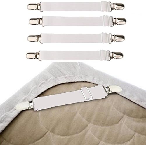 SERODA 4 Pieces Sheet Suspenders,Slipcover holders, Adjustable Different Length,Fit for All Size Bed,Crib,Couch,Ironing Board and Table (20cm-60cm,White)