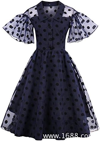 Louis Rouse Women V-Neck Pagoda Sleeve Dark Blue Big Swing Vintage Chiffon Dress
