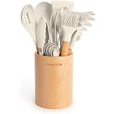 CREATE Set of 11 Utensils - Off-White and Wood Utensils - Silicone and Beech Wood - BPA Free - Heat Resistant up to 230&deg;C
