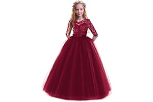 IBTOM CASTLE Flower Girls Lace 3/4 Sleeve Dress Wedding Bridesmaid First Communion Evening Party Floor Length Dress Kids Princess Pageant Birthday Prom Carnival Christmas Ball Gown