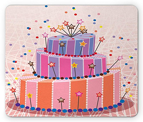 Dessert Mouse Pad, Pastel Lines Background with Birthday Cake and Stars Colorful Dot Sprinkles Print, Standard Size Rectangle Non-Slip Rubber Mousepad, Multicolor 9.8 X 11.8 INCH
