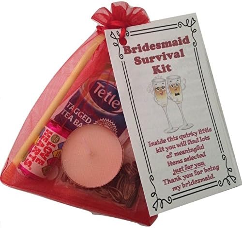Bridesmaid Novelty Survival Kit. Thank You gift &amp; card keepsake. Novelty wedding gift in Red