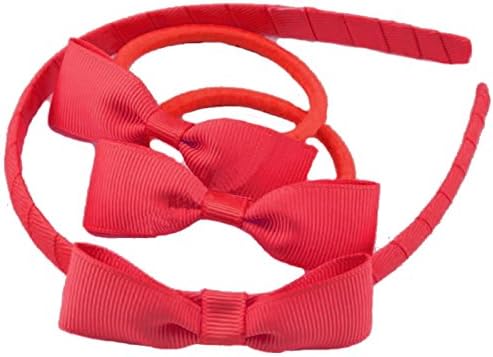 Back To School | Girls Hair Band &amp; Bobbles Set | 'Bow Tie' Ribbon Bows | Various Colours (Red)