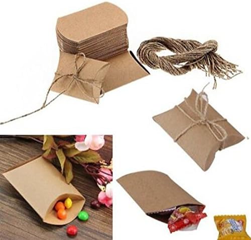 Istloho 50X Gift Box Candybox Vintage Natural Kraft Paper Boxes for Wedding Birthday Party Candy with rope, Pillow Style