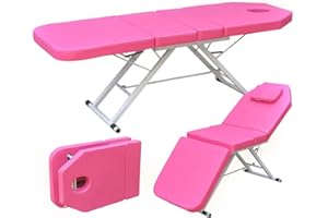 BURUIYOTEN Adjustable Backrest Massage Table Beauty Couch Bed 3 Folded Spa Salon Foldable Tables & Chairs Pu Chair Steel Tube Frame Therapy Lightweight Tattoo For Treatment Healing Folding Pvc Leather (Pink)