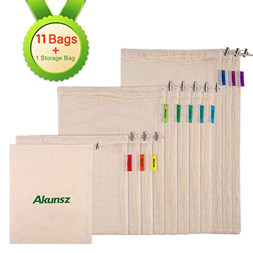 Akunsz Respetuoso con el Medio Ambiente Bolsa Verduras (11 Unidades, Reutilizable Bolsa de la Compra Extra Resistente de Algodón con Indicación del Peso 3 x s, 5 x M, 3 x l y 1 x Bolsa
