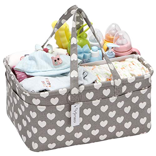 Hinwo Baby Diaper Caddy 3-Compartment Infant Nursery Tote Storage Bin Portable Car Organizer Newborn Shower Gift Basket with Detachable Divider and 10 Invisible Pockets for Diapers & Wipes (Heart)