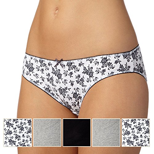Pack Of Five Grey, White And Black Plain And Sprig Printed Bikini Briefs 18