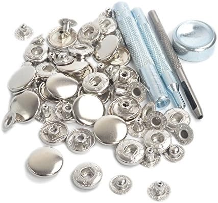 Pack 15 Sets Silver Snap Fasteners Press Stud Buttons Kit with Tools Press Studs for Adding Secure Closure to Jackets, Jeans, Bags, Straps and Other Sewing Projects (10mm)