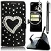 Produktbild Sony Xperia E5 Handytasche,Sony Xperia E5 Hülle,Sunroyal Elegant Luxus Noble Schwarz Weiß Durchsichtig Heart Herz Bling Diamant Glitzer Rhinestone Muster Entwurf PU Leder Schutz Handyhülle Strass Klapp Flip Bookstyle Akku Wallet Case Folio PU-lederne Dünn Faux Kunstleder DIAMANT Bling Strass Protektiv Cover Tasche Glitter Kristall Crystal Matt Bunt Hart Haut PC Bumper mit Kartenfach Magnetverschlu und Ständer für Sony Xperia E5