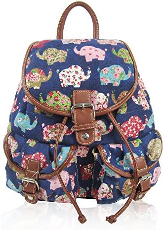 Canvas Vintage Print School Rucksacks Large Size - Flowers, Birds, Fish, Polka Dot, Aztec (Elephant KDP091 Blue)