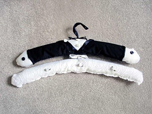 PACK OF 2 BEAUTIFUL HAND MADE PADDED BRIDE & GROOM CLOTHES HANGERS 44CM