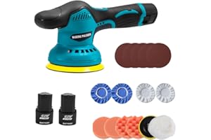 Kocusu Polisseuse sans fil pour voiture avec 8 vitesses variables, polisseuse 2800-5500 tr/min, polisseuse de voiture avec 2 batteries de 2,0 Ah, kit de polissage de voiture avec 19 pièces