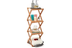EZOWARE Estantería de Baño Plegable, 4 Niveles Estante Organizador Compacto de Madera para Baño, Decoración, Cocina, Sala de Estar, Dormitorio - Madera de Caucho Natural