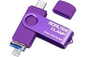 64GB USB 3.0 Flash Drive 3 in 1 Photo Stick for Android Phones, BORLTER CLAMP OTG Memory Stick with 3 USB Ports (USB C, microUSB, USB-A) for Samsung Galaxy, Tablet, PC and More (Purple)