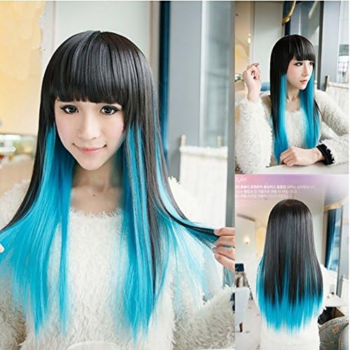 Wig, Long Straight Hair Bangs Heat Resistant Synthetic Hair Skin Top Long Wig for Black Gradient Blue Straight Hair Women's Cosplay