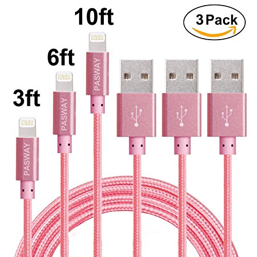Lightning Kabel Pasway iPhone Ladekabel 3 Pack (1M, 2M, 3M) Nylon Geflochtenes USB Kabel mit Lightning Connector für iPhone 6/6 Plus/6S, iPad Air 2, iPad Pro und mehr Roségold