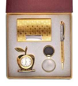 Celebr8 4 in 1 Golden Corporate Gift Set with Apple Clock, Crystal Pen, Business Card Holder (Premium Quality) (Golden with Keychain), Gift for Boss, Birthday Gift for Friend/Colleague