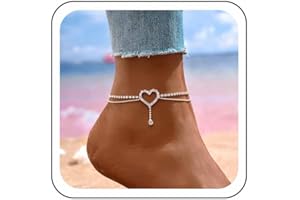 Wendalern Silver Heart Ankle Bracelet Diamond Rhinestone Love Heart Anklet Layered Beads Chain Tennis Anklet Summer Beach Crystal Chain Anklet Foot Jewelry for Women and Girls