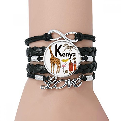 DIYthinker Womens Kenya National Symbol Landmark Pattern Bracelet Love Black Twisted Leather Rope Wristband