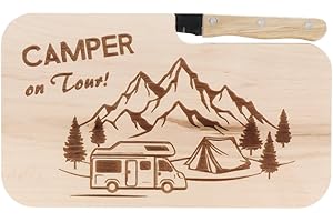 Spruchreif | Tabla de cortar de madera con cuchillo y grabado "Camper on Tour!" | Idea de regalo perfecta para campistas y aficionados al aire libre | Ideal para el desayuno y el almuerzo de viaje