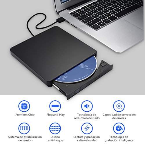 TOPELEK Unidad Externa de CD DVD  Port  til Grabadora y Lector de CD DVD y Reproductor Ultra Slim  Bajo Consumo de Energ  a  Transferencia R  pida de Datos  para Win7   WIN8   XP Vista   Linux Mac OS
