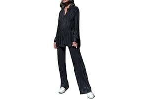 Yassiglia Completo da donna a pieghe casual con bottoni, set da 2 pezzi con pantaloni a gamba larga + camicie pantaloni streetwear loungewear