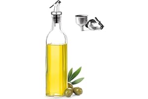 BOZKAA Glass Oil Bottle Drizzler 500ml Olive Oil Dispenser Bottles with 1 Funnel, 2 Stainless Steel Pourer, Lead-Free Glass Oil and Vinegar bottle for Kitchen