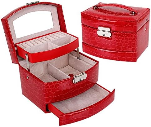 Lady High Grade Jewelry Display Box, 3 Layers Ring/ Necklace/ Jewelry Carrying Case (Red)