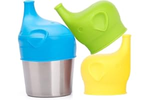Scoolr Baby Sippy Cup Lids, 3pcs Elephant Spill Proof Food-Grade Silicone Sippy Lids for Kids (Blue+Green+Yellow)
