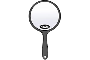 FANNAS Handspiegel mit Griff, Schwarz Doppelseitiger Handspiegel, 1X/2X Schminkspiegel Vergrößerungsspiegel, Spiegel zum Aufhängen, Tragbarer Reisespiegel für Haare Gesichtspflege Rasier